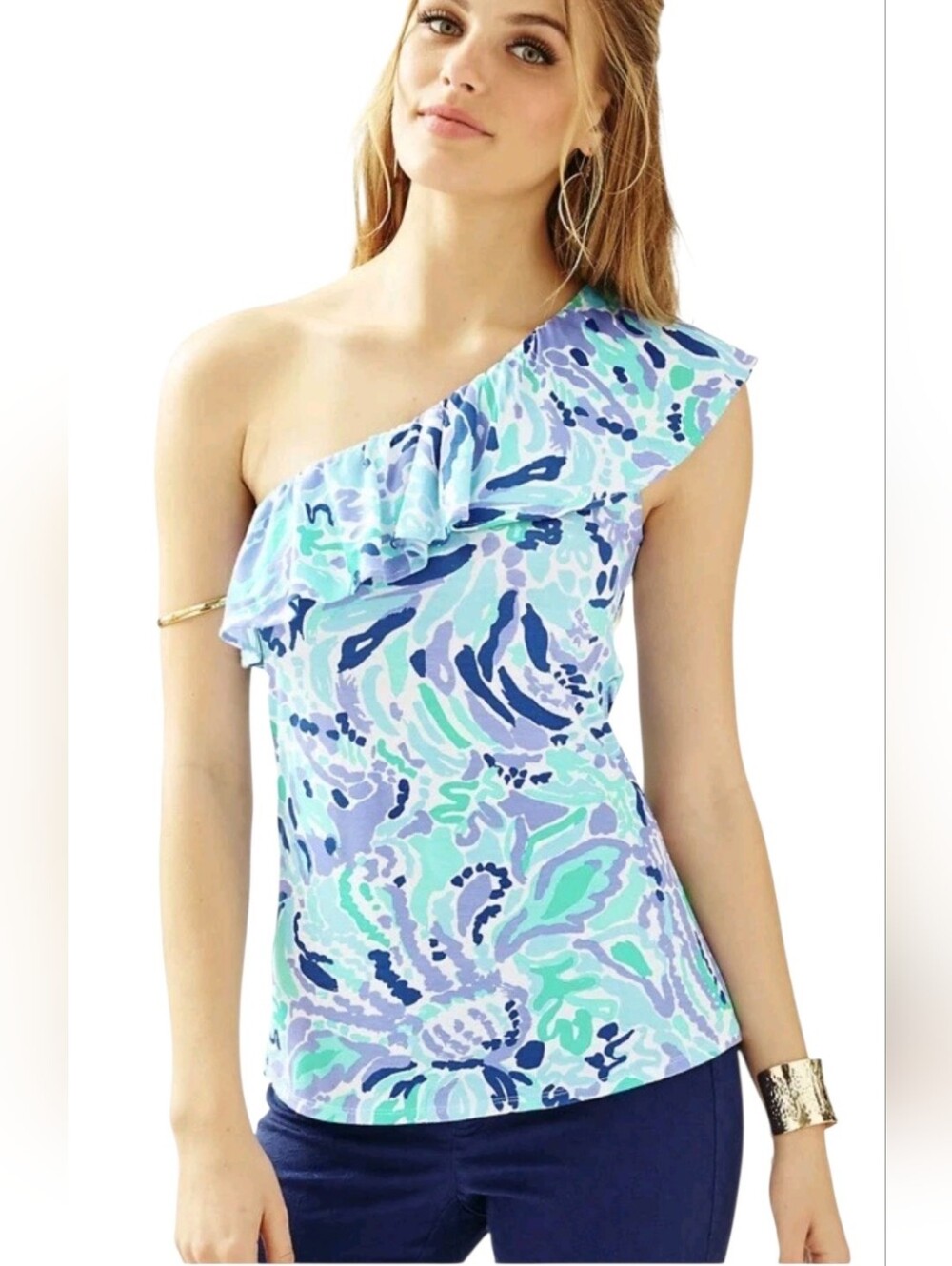 Lilly Pulitzer Neveah Top One Shoulder Ruffle Purple Blue Green Navy Size XS